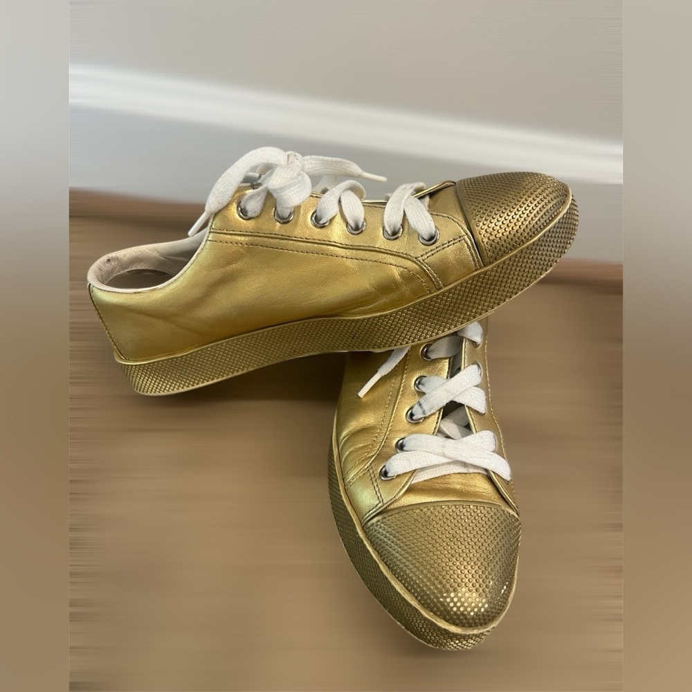 Authentic✨ Prada Gold Leather Top Sneakers Lace Up Designer Women Size 7 $980